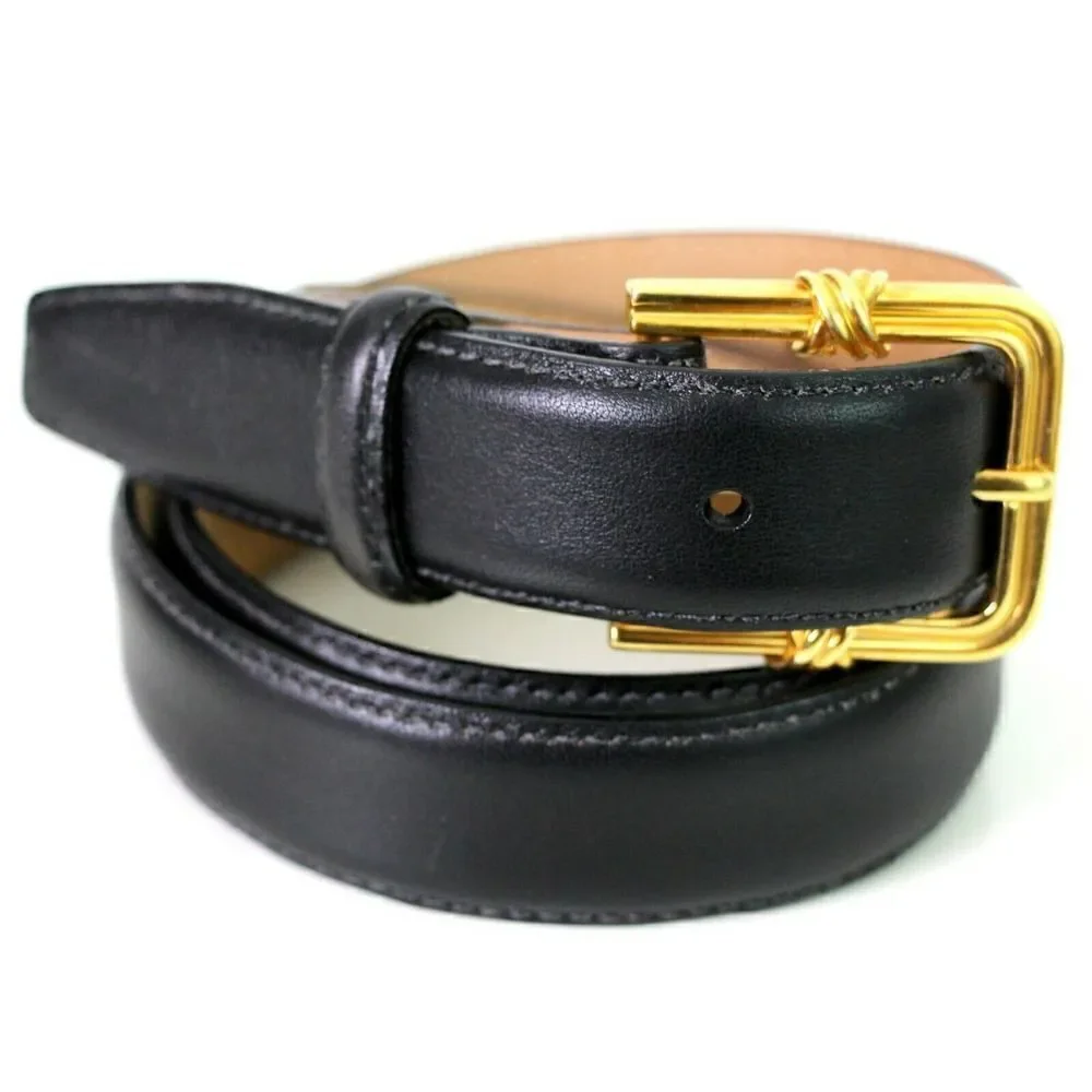 AUTH TIFFANY 1992 SOLID 18K 750 22g GOLD BUCKLE BLACK LEATHER SKINNY BELT 28 USA
